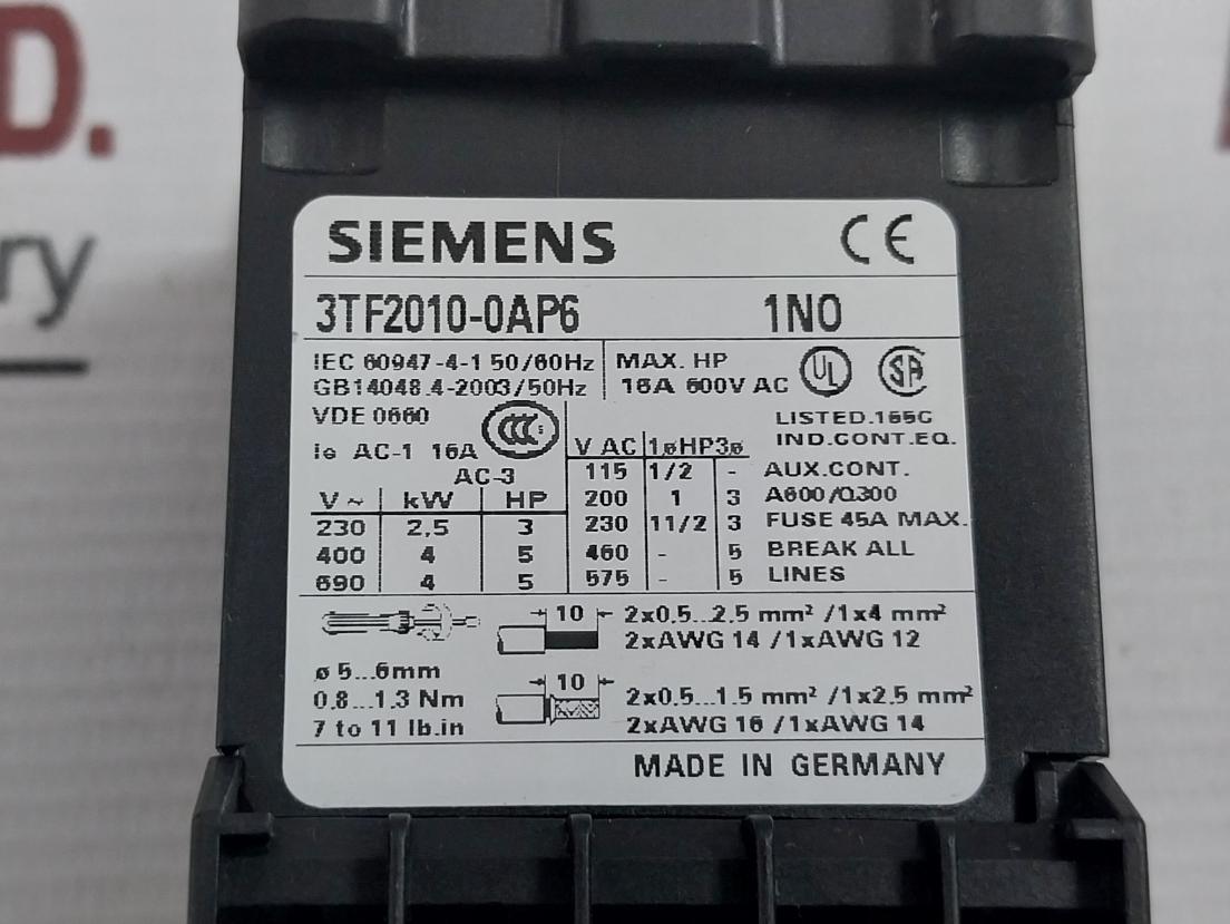 Siemens 3Tf20 10-0Ap6 Contactor 4Kw 400Vac