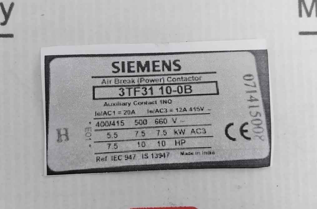 Siemens 3Tf31 10-0B Air Break (Power) Contactor 415V Ac 12A 071415008