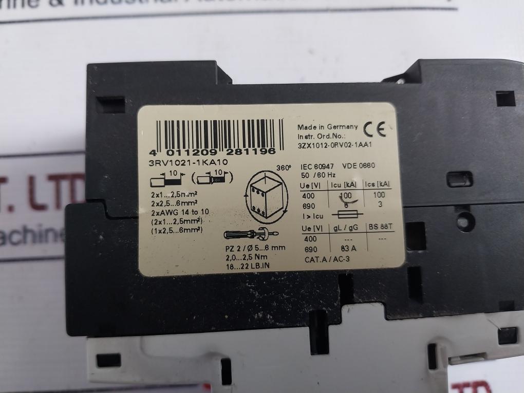 Siemens 3rv1021-4ba10 Circuit Breaker With Auxiliary Switch 75°c