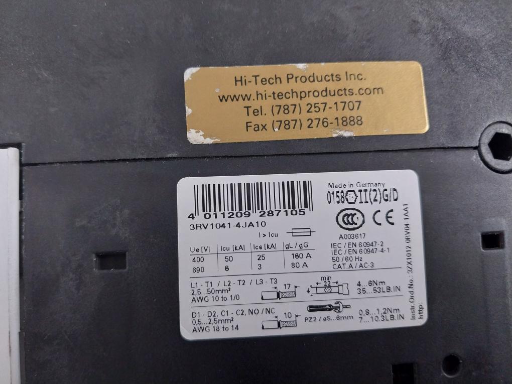 Siemens 3rv1041-4ja10 Circuit Breaker Size S3 For Motor Protection 50/60hz