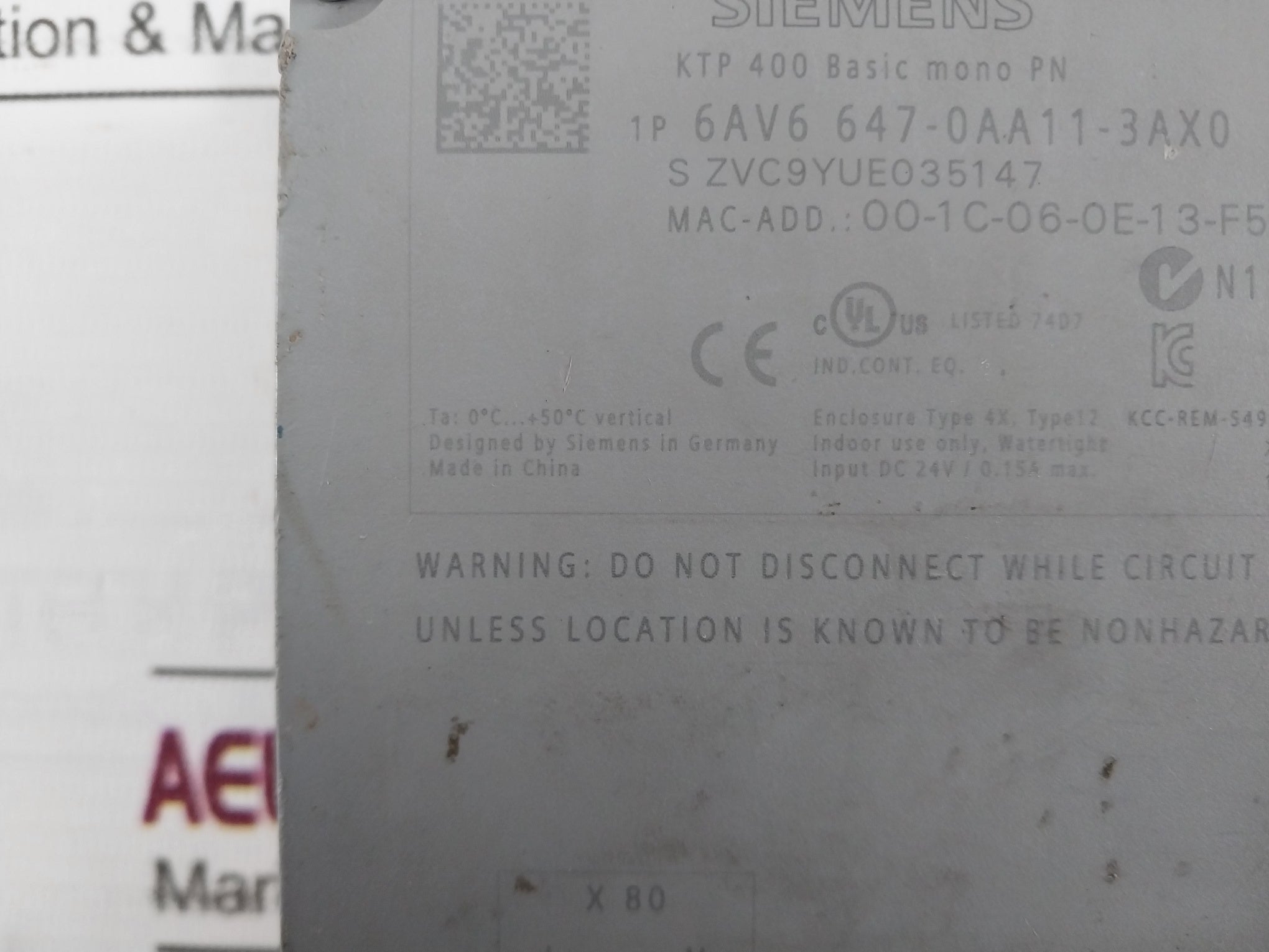 Siemens 6Av6 647-0Aa11-3Ax0 Touch Screen Panel Dc 24V/0.15A Max