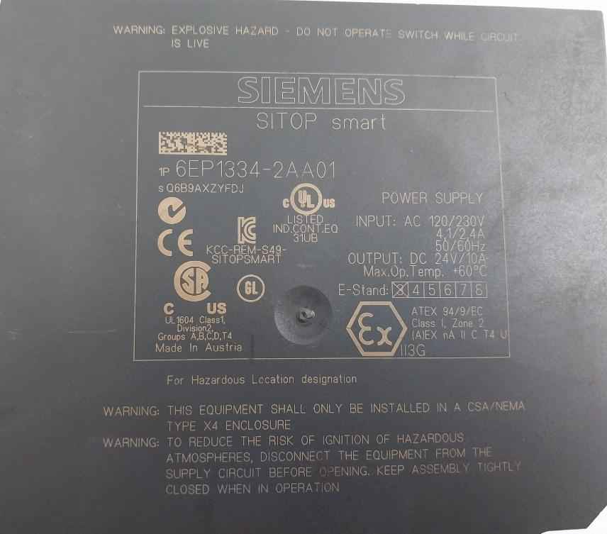 Siemens 6Ep1334-2Aa01 Sitop Smart Power Supply Ac 120/230V 4.1/2,4A 50/60Hz