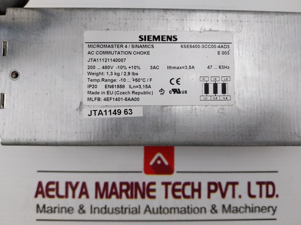 Siemens 6Se6400-3Cc00-4Ad3 Micromaster 4 Line Reactor 47-63Hz