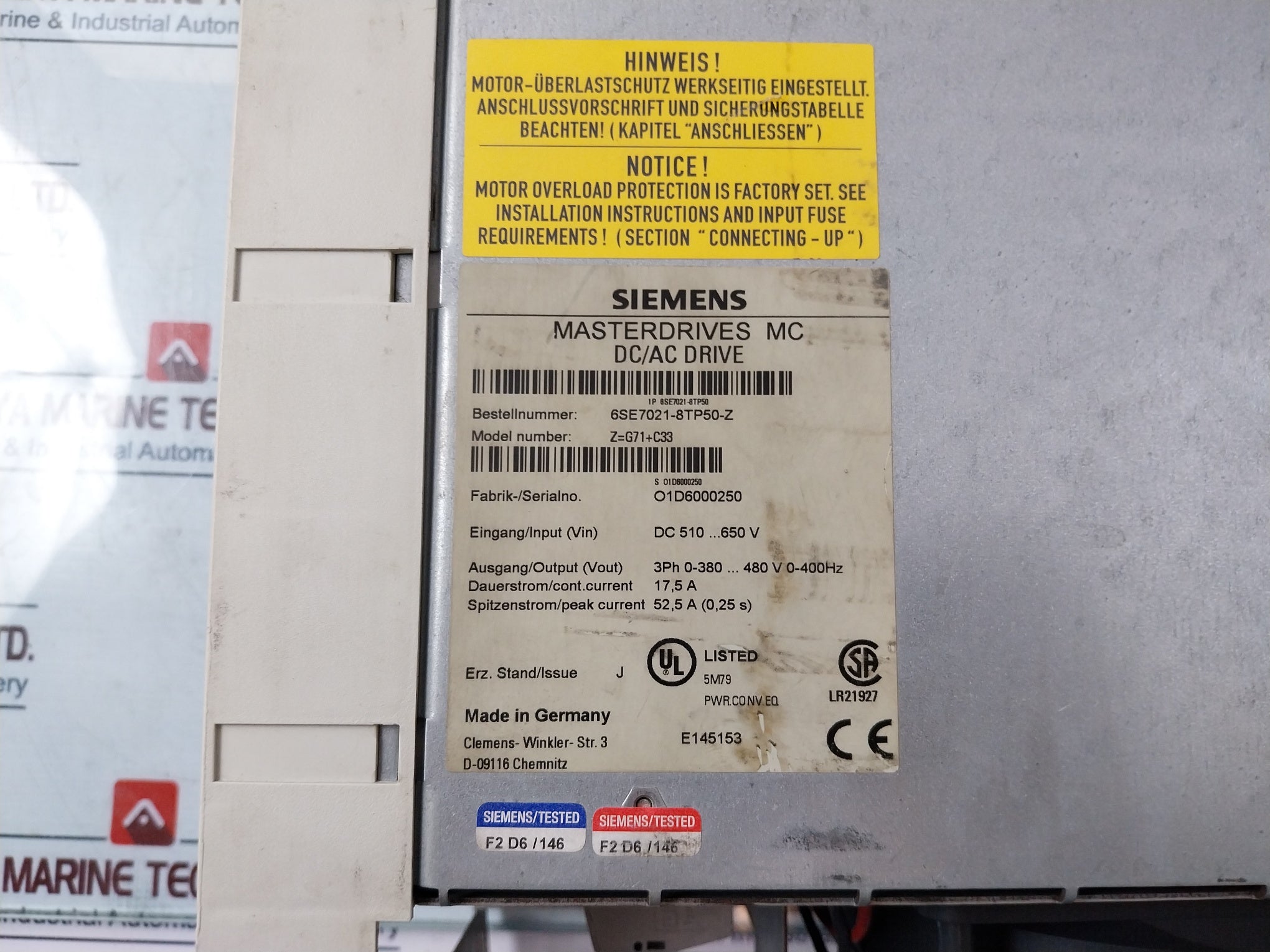 Siemens 6Se7021-8Tp50-z Masterdrive Mc Dc/Ac Drive G71+C33 Dc 510…650V