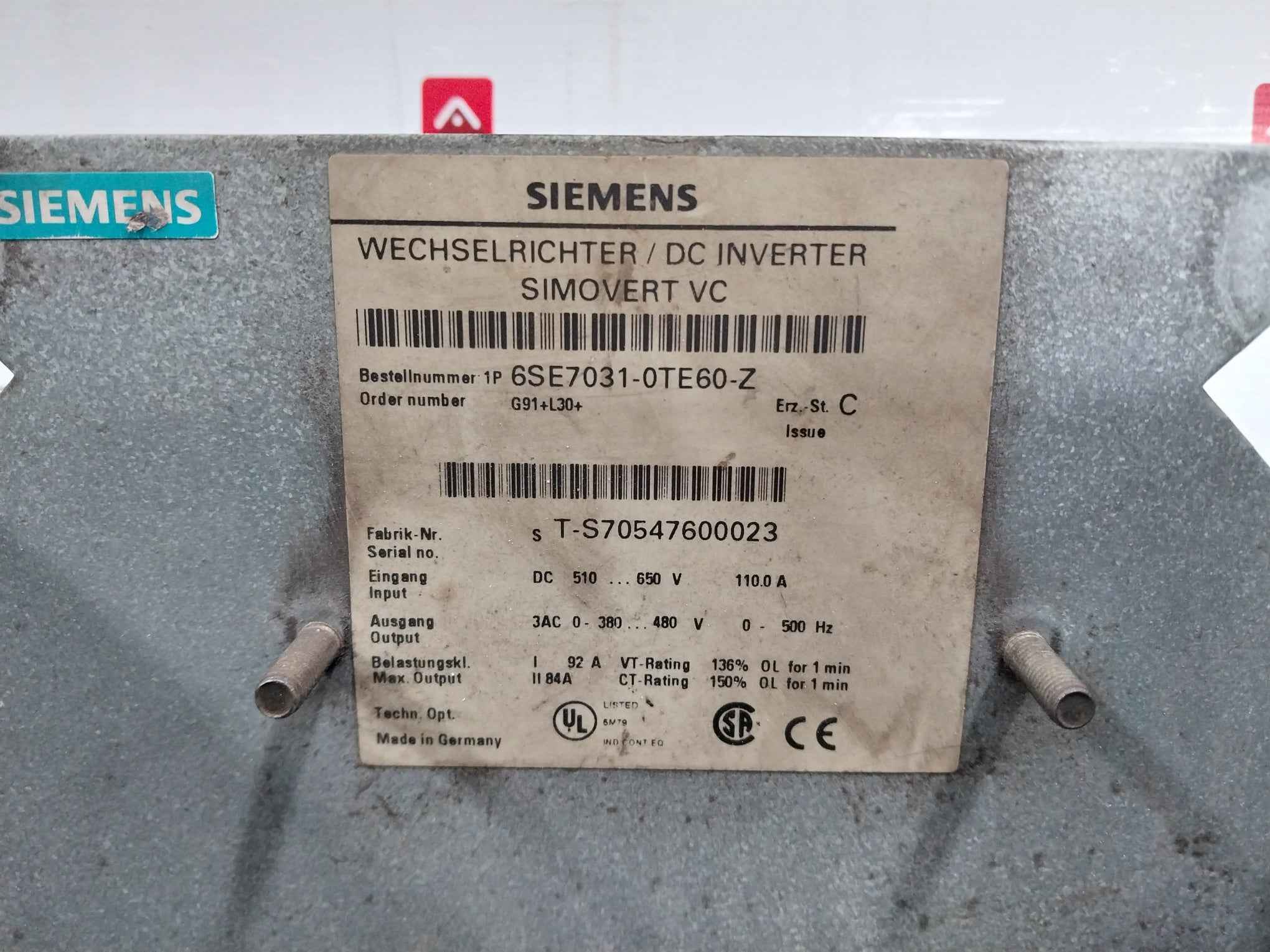 Siemens 6Se7031-0Te60-z G91+L30+ Simovert Vc Dc Inverter Masterdrive Issue C