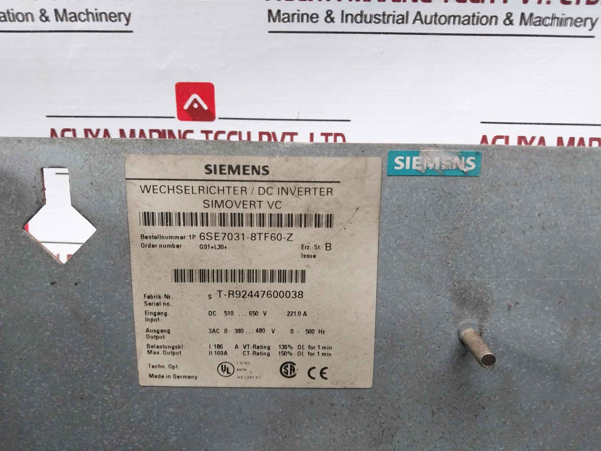 Siemens 6Se7031-8Tf60-z Simovert Vc Dc Inverter Drive Dc510-650V 221.0A 100Ka