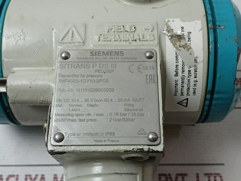 Siemens 7Mf4033-1Dy10-2Pc6 Transmitter For Pressure Dc 10.5-45V 4-20 Ma Hart 