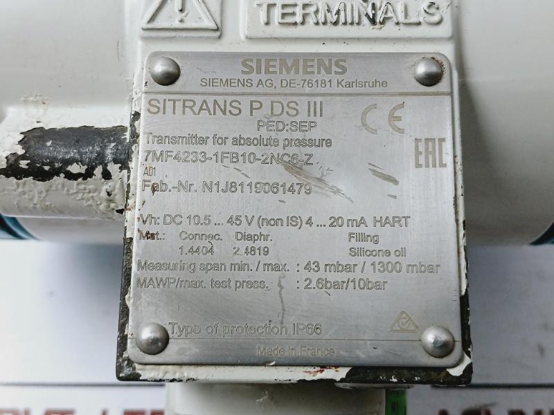 Siemens 7mf4233-1fb10-2nc6-z Pressure Transmitter A5e00256870 2.6 / 10 Bar