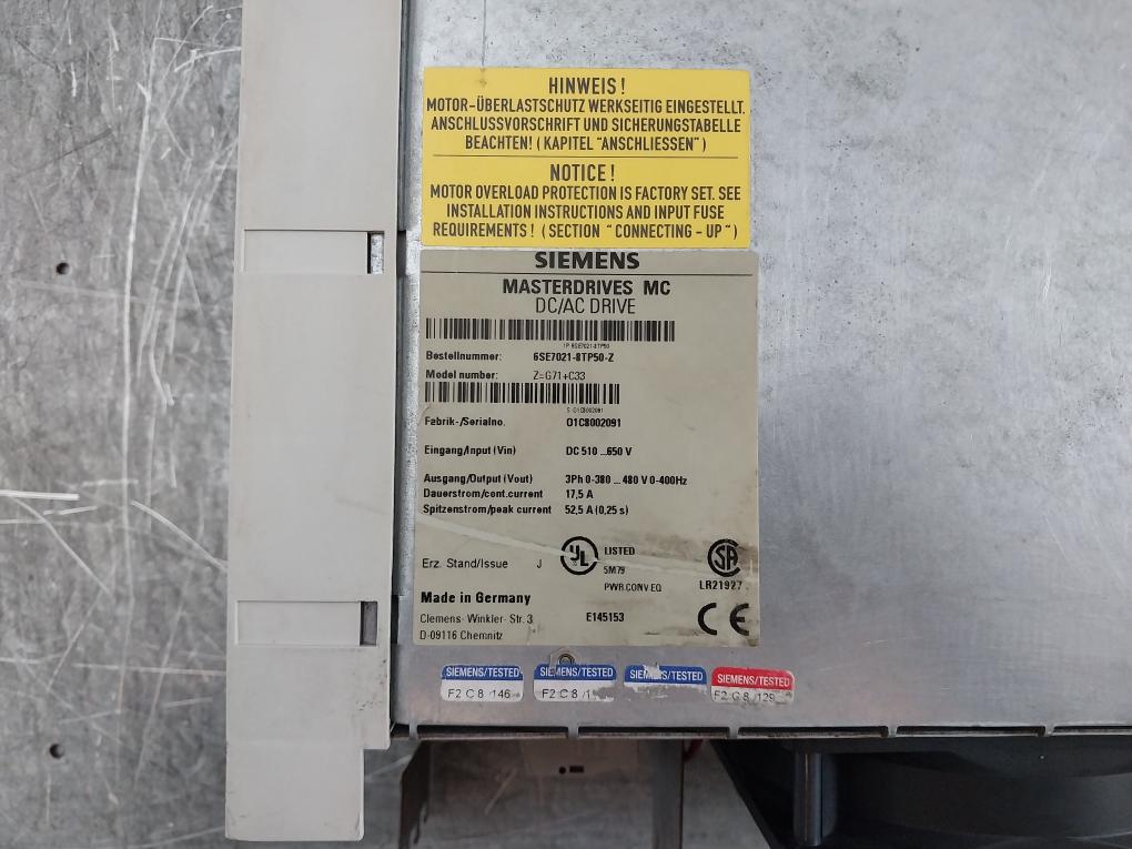 Siemens Masterdrive Mc 6Se7021-8Tp50 Dc/Ac Drive Inverter Dc 510…650 V