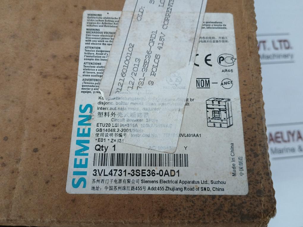 Siemens Molded Case Circuit Breaker 480V 75Ka 50/60Hz Part No 3Vl4740-3Aa36-0Aa0