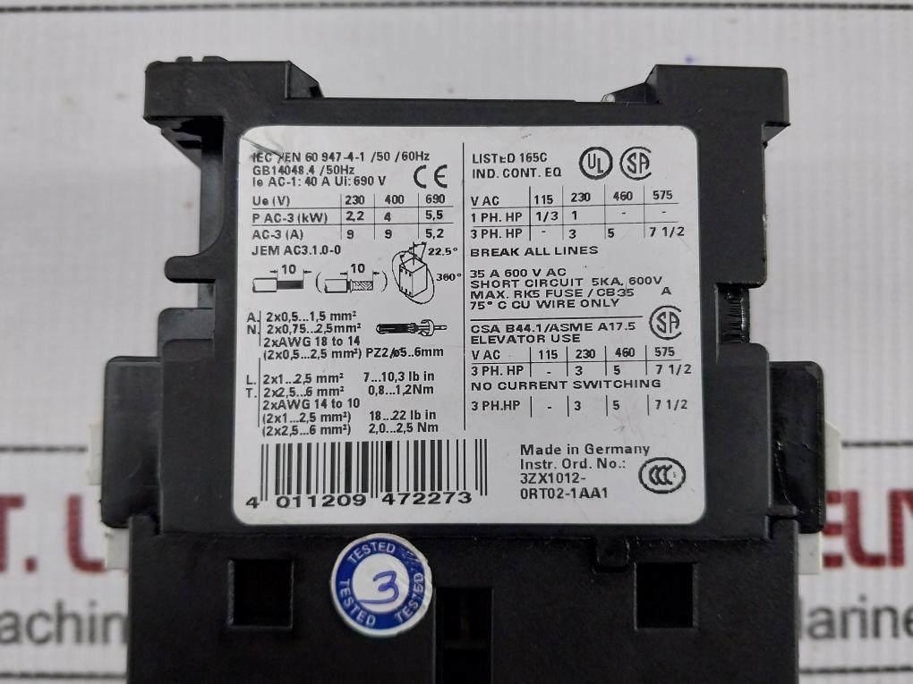 Siemens Power Contactor 690V-50/60Hz 3Rt1023-1A..0