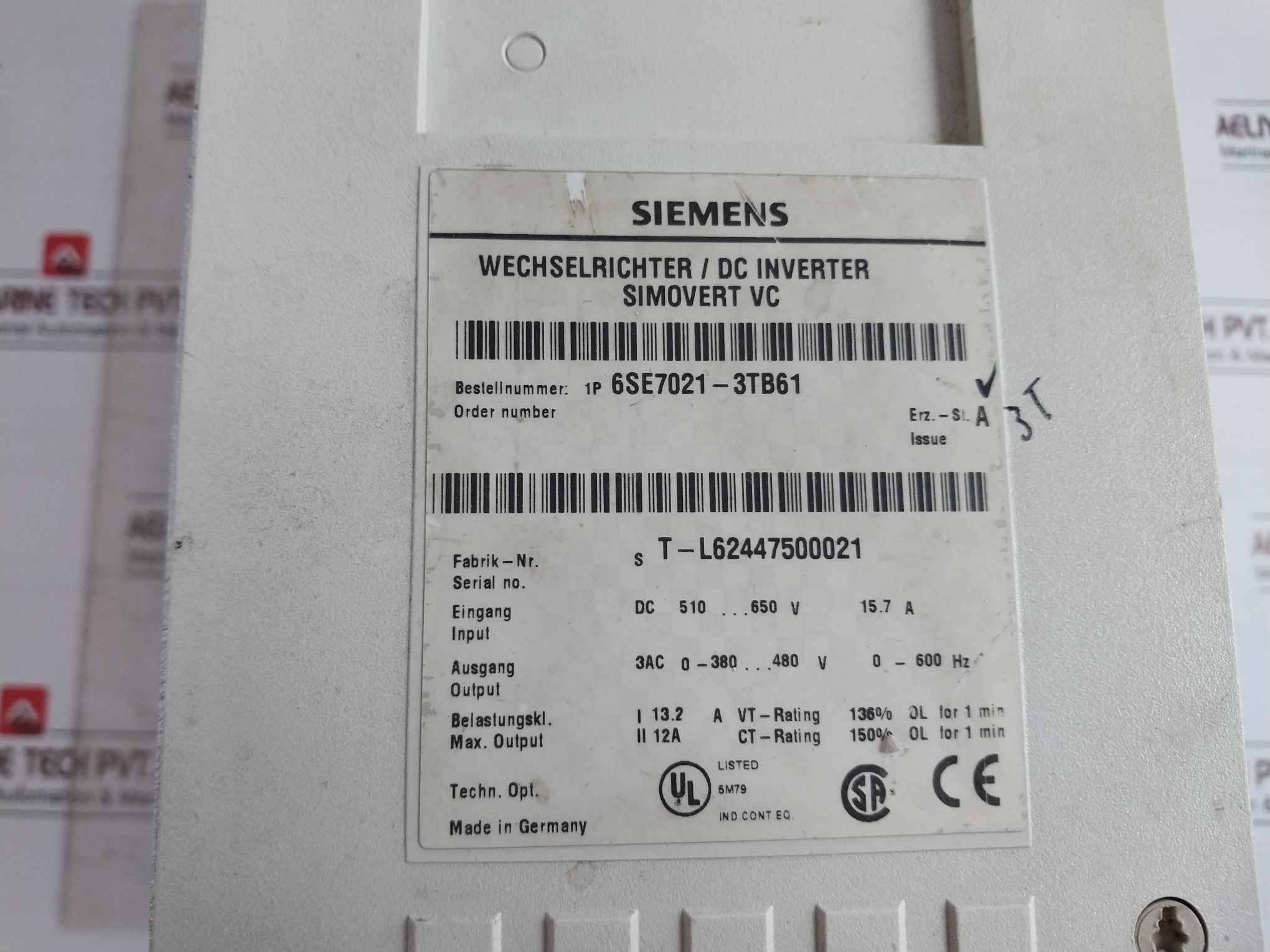 Siemens Simovert Vc 6Se7021-3Tb61 Dc Inverter 94V-0 (Not Working)