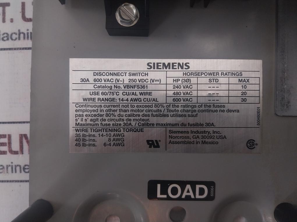 Siemens Vbnfs361 Low Voltage Circuit Protection Disconnect Switch 30A 600Vac