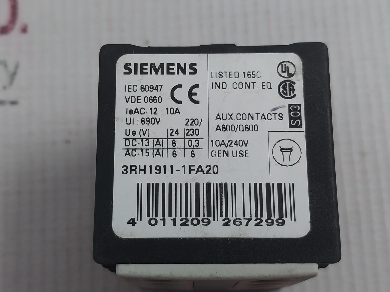 Siemens 3Rh1911-1Fa20 Auxiliary Contact Block 690V