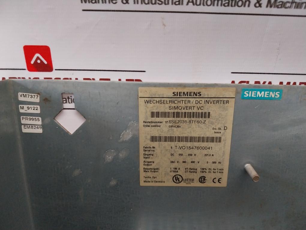 Siemens 6Se7031-8Te60-z Simovert Dc Inverter Dc510-650V Iec/En 60269 0-500Hz