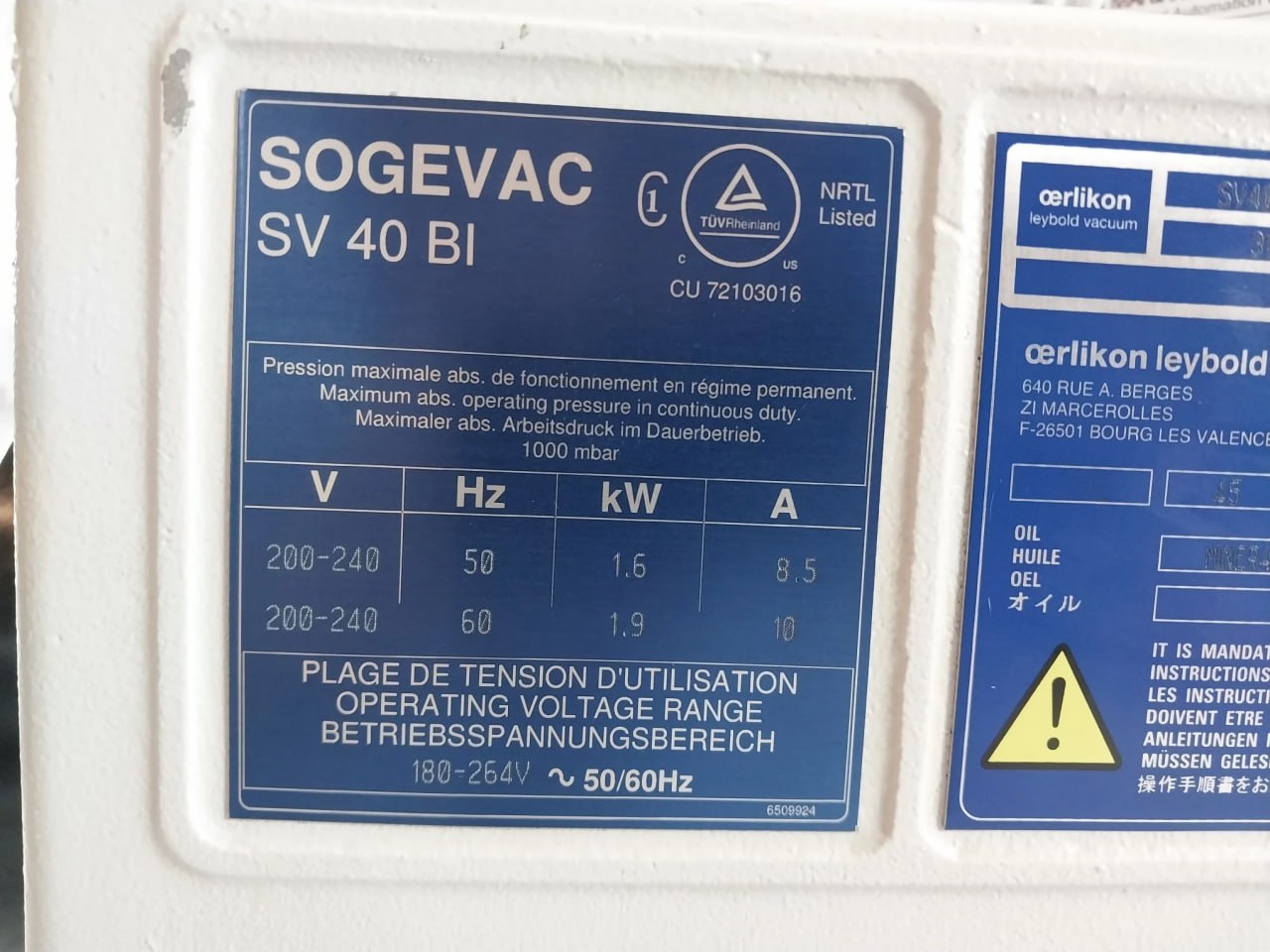 Sogevac Sv40 Bi Rotary Vane Vacuum Pump 1000Mbar 180-264V 50/60 Hz
