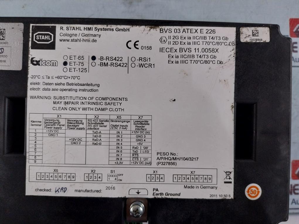 Stahl ET-75-B-RS422 HMI Operator Terminal 224554 ET-75-B-PACK Rev. Hw 2.14