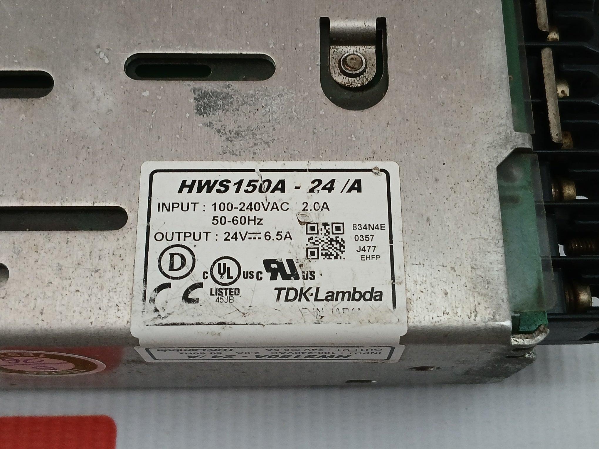 Tdk-lambda Enclosed Power Supply Input-100-240Vac/2.0A/50-60Hz Part No Hws150A-24/A