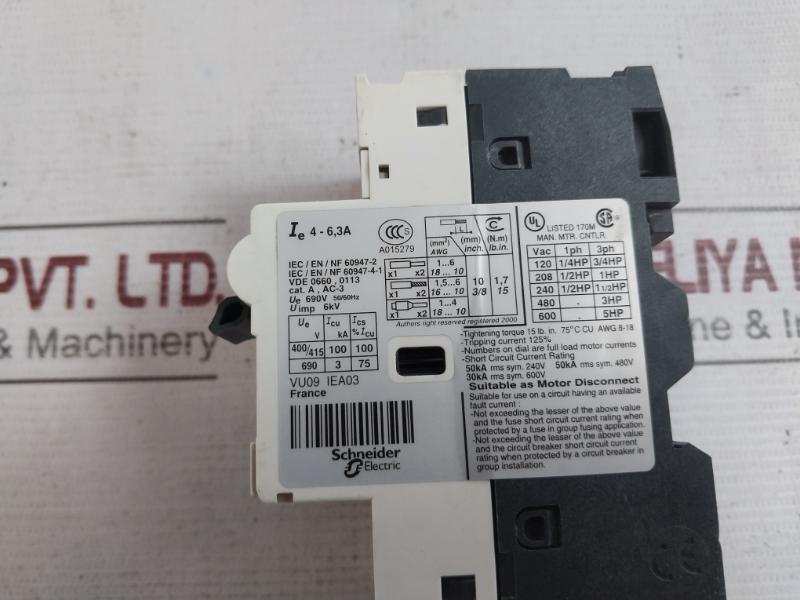 Telemecanique Gv2-rt10 Motor Circuit Breaker 690V Ac 50/60Hz Awg 8-18 138A 6Kv