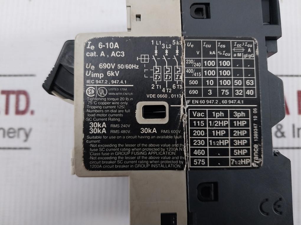 Telemecanique Motor Protection Circuit Breaker 20Lb.In Gv2-m14