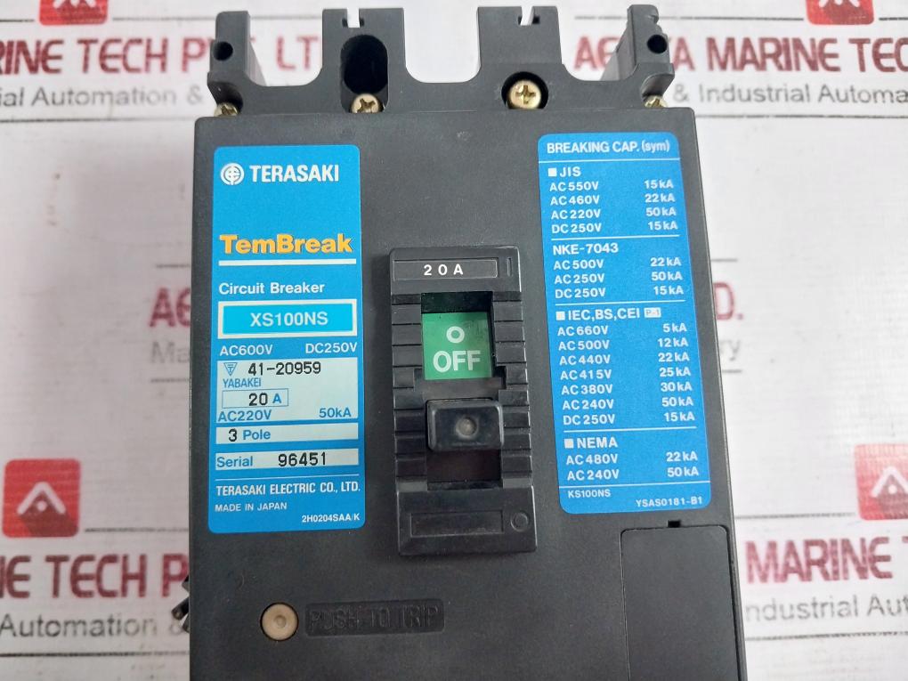 Terasaki Electric Xs100Ns 3 Pole Tembreak Circuit Breaker Ac 600V Dc 250V 20A