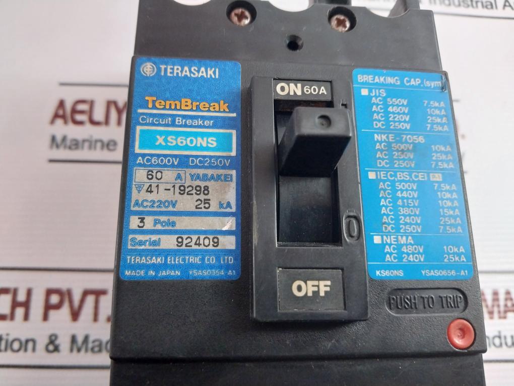 Terasaki Xs60Ns 3 Pole Circuit Breaker 60A Ac600 Dc250V Ac220V 25Ka