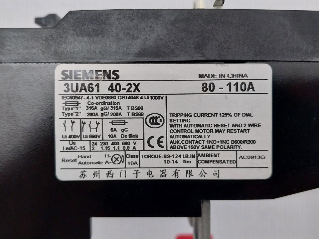 Thermal Overload Relay 3Ua61 40-2X Siemens 1000V 80-110A