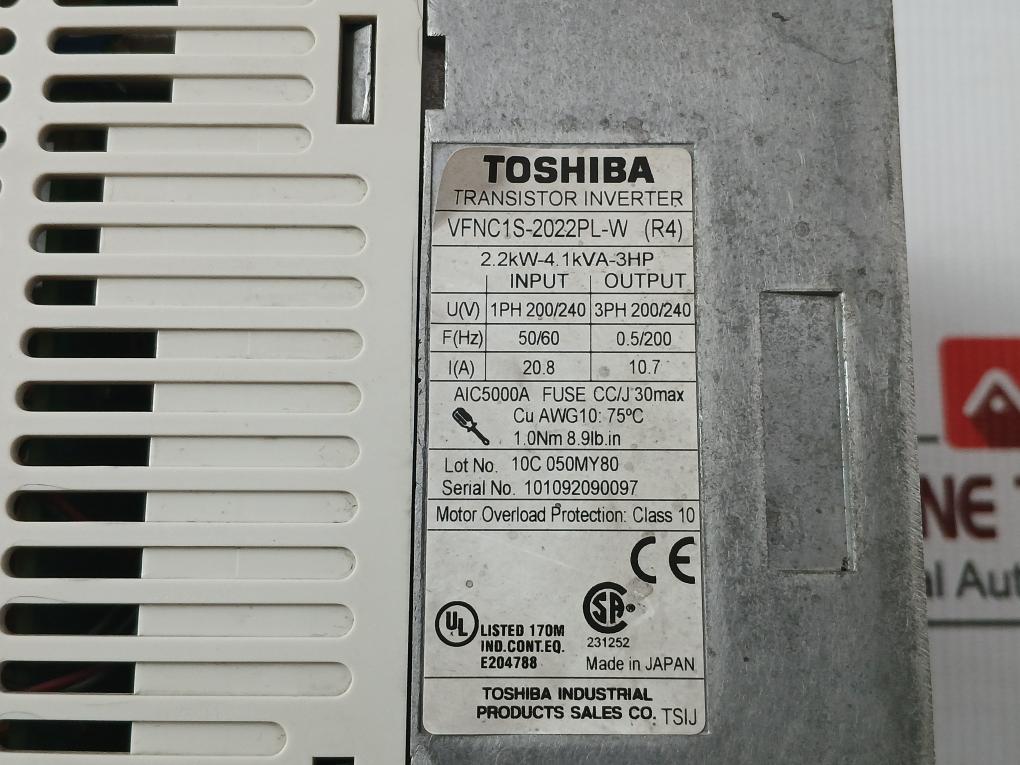 Toshiba 2.2Kw-4.1Kva-3Hp Vfd Transistor Inverter Vfnc1S-2022Pl-w