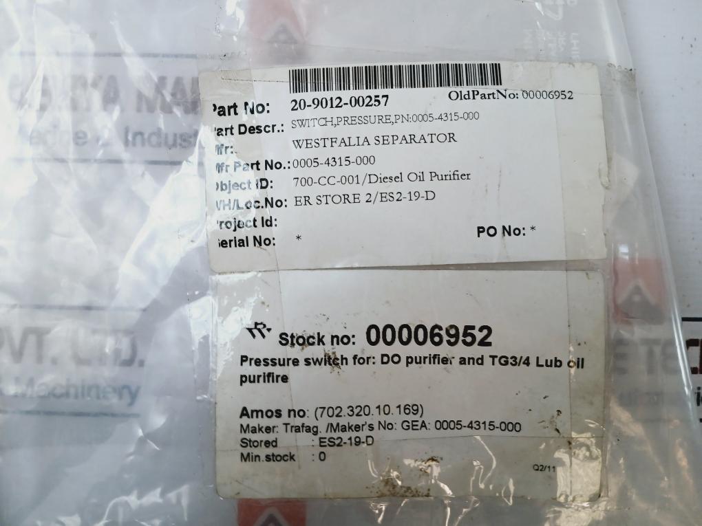 Trafag 0005-4315-000 Pressure Switch 0…6 Bar ~ (Kg/Cm2) 0…0.6 Mpa Ip65