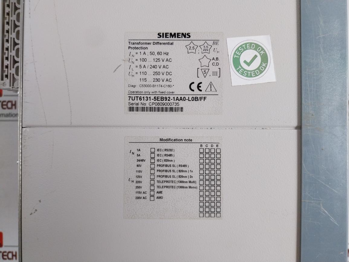 Transformer Differential Protection 7Ut6131-5Eb92-1Aa0-l0B/Ff 50-60Hz Siemens 115….230 V Ac