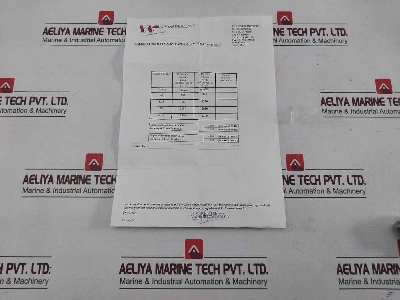 Vaf 0352-0035 Capillair Calibration Data Assy