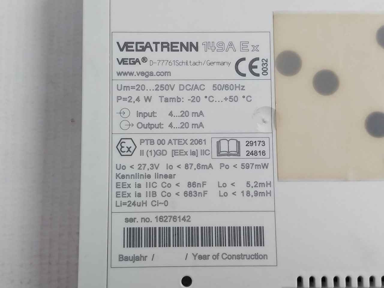 Vegatrenn 149a Ex Channel Separator 20-250v Dc/ac 50/60hz 4-20ma 2.4w
