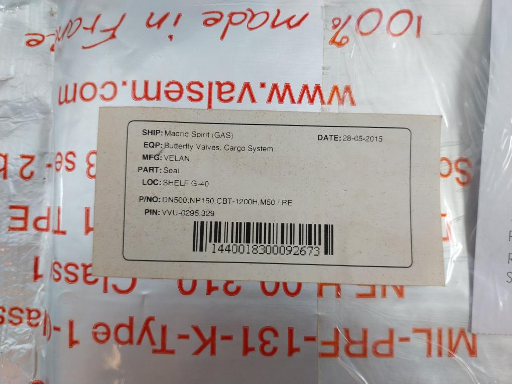 Velan Butterfly Valve Seal For Cargo System Dn500.Np150.Cbt-1200H.M50/Re