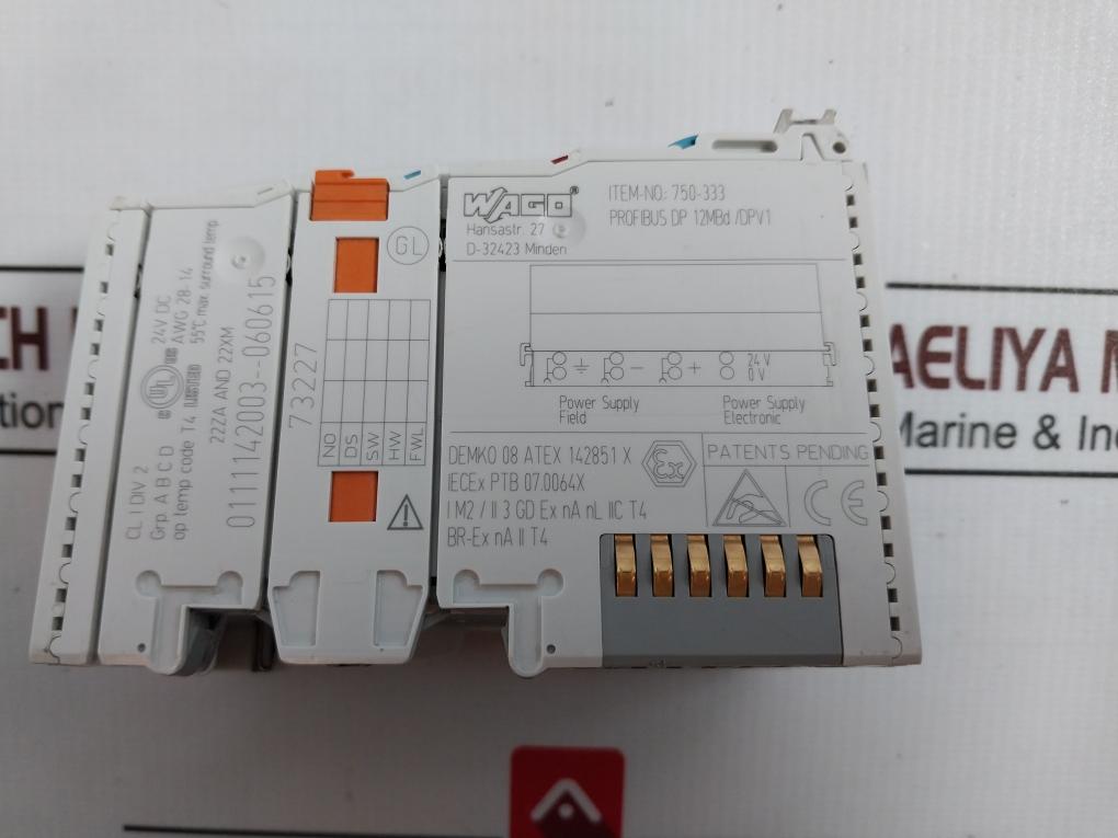 Wago 750-333 Fieldbus Coupler Profibus Dp 12Mbd/Dpv1 24V Dc, 55 C 