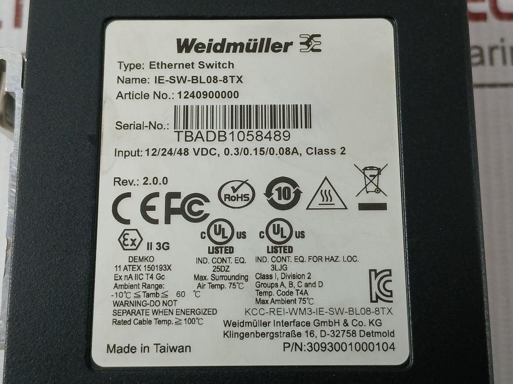 Weidmuller Input-12/24/48Vdc 1240900000 Ethernet Switch 3093001000104