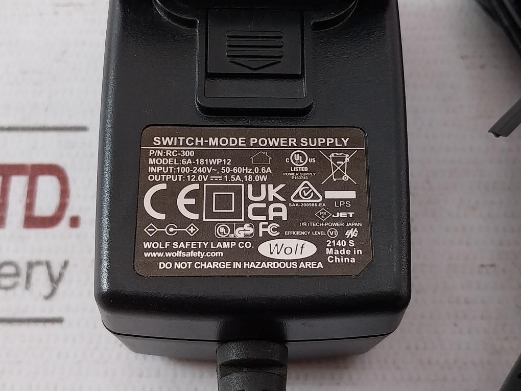 Wolf 6A-181WP12 Switch-mode Power Supply E163743 RC-300 100-240V 50-60HZ 0.6A