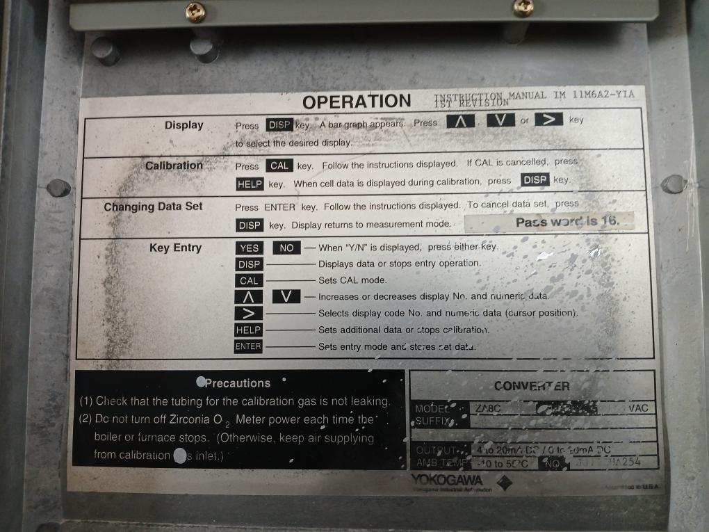 Yokogawa Zirconia Oxygen Analyzer 115Vac -10 To 55°C Exa Oxy