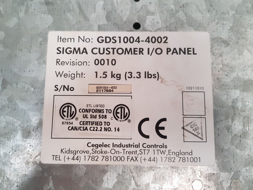 Cegelec 20X4454A1L Sigma Customer I/O Panel Gds1004-4002
