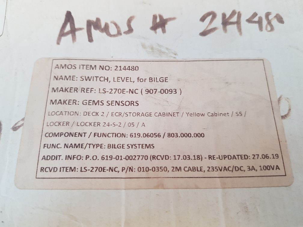Gems Sensors 010-0350 Cable Mounting Level Switch 235Vac/Dc 3A 100Va