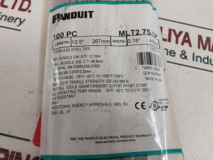 Lot Of 100X Panduit Mlt2.7S-cp Stainless Steel Cable Tie