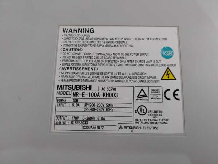 Mitsubishi Electric Mr-e-100A-kh003 Ac Servo Drive 1Kw 200-230V