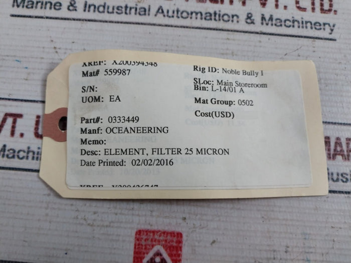 Oceaneering 4338-99 Filter Element 25 Micron