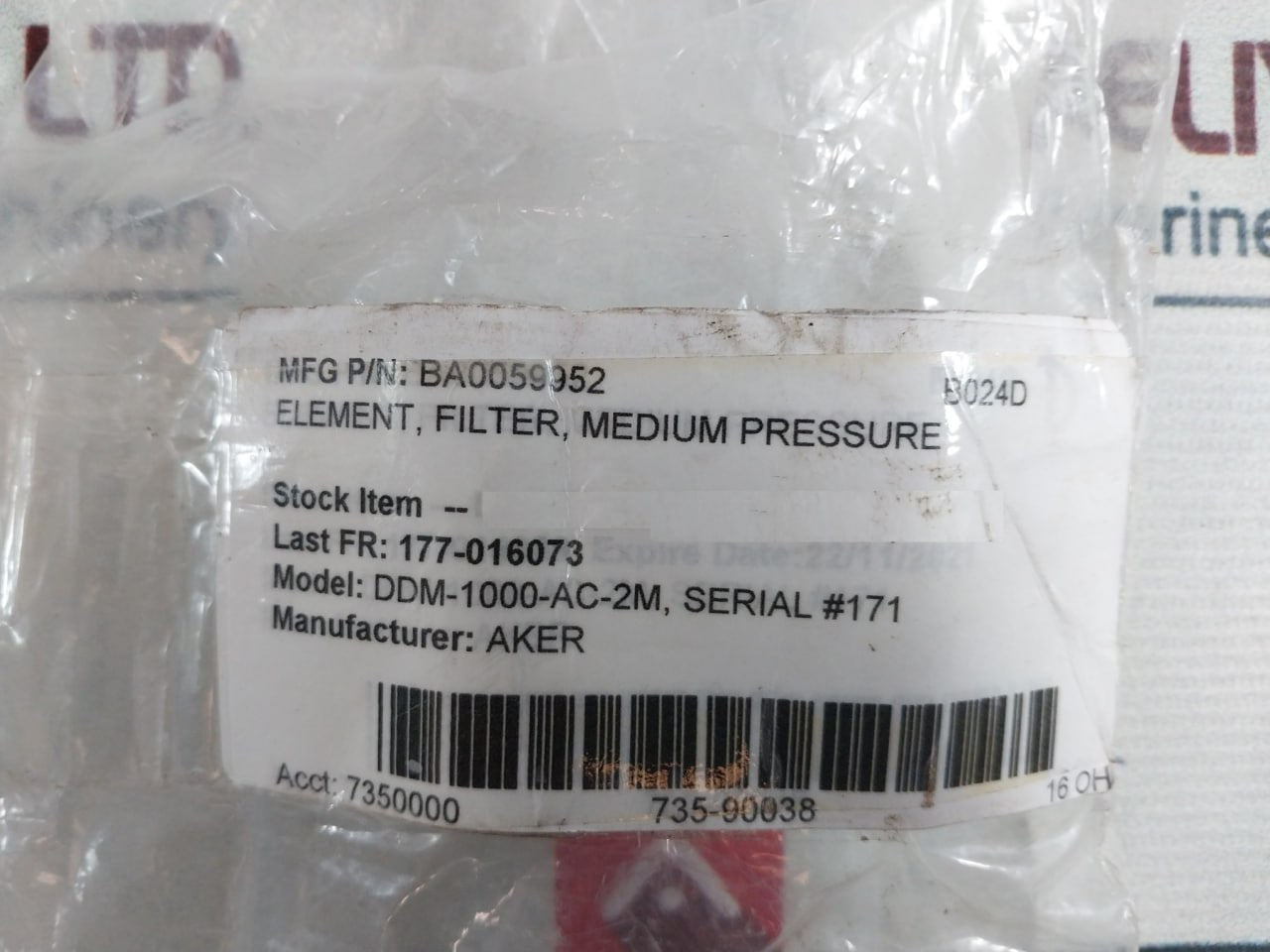 Aker BA0059952 DDM-1000-AC-2M Filter Element B024D