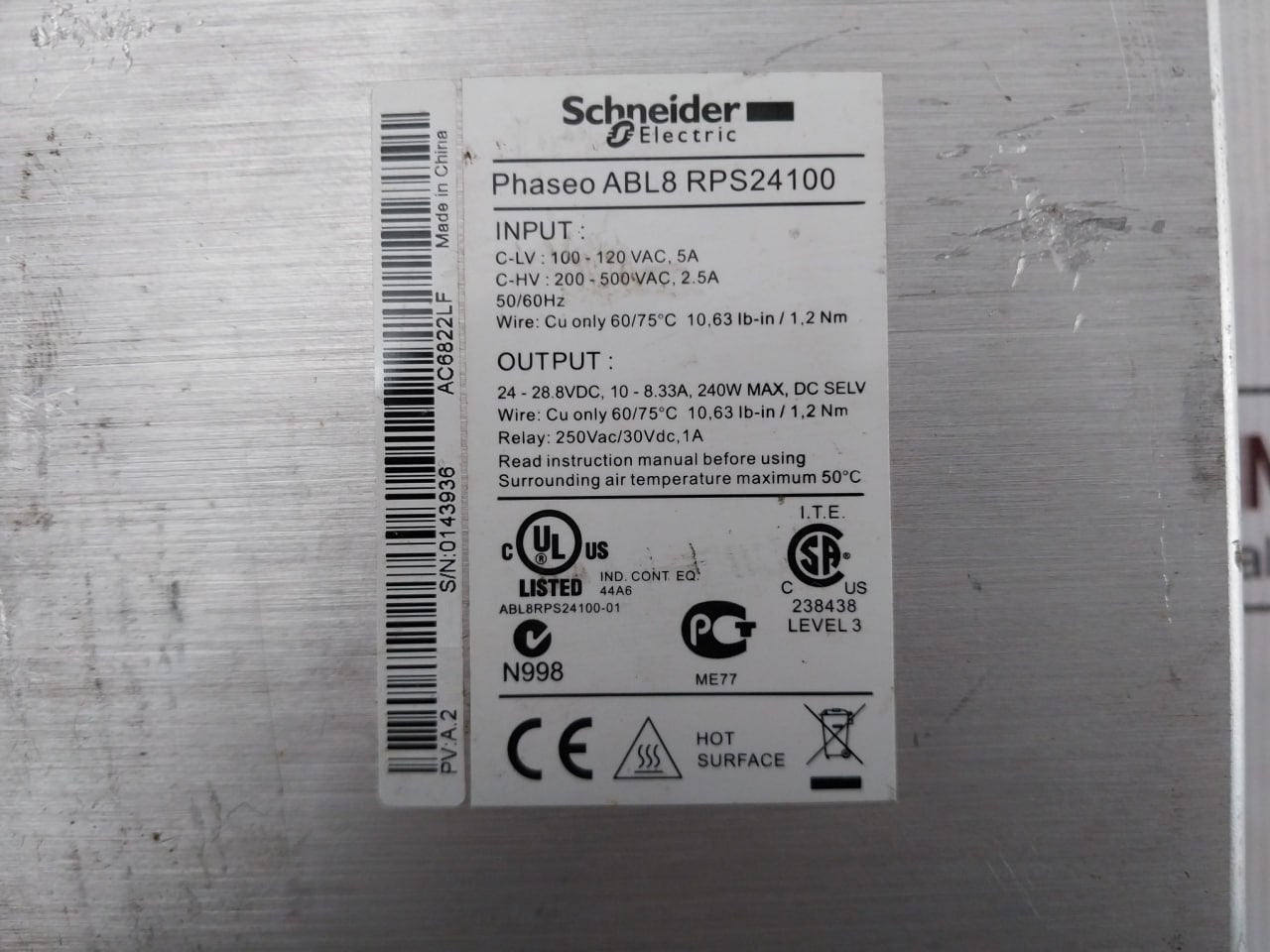 Schneider Electric Abl8Rps24100 Regulated Switch Mode Power Supply 24Vdc~10A