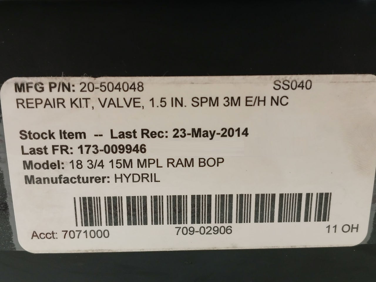 Hydril 20-504048 1.5” 3K Spm E/H Nc Sl Valve Repair Kit 18 3/4 15M Mpl Ram Bop