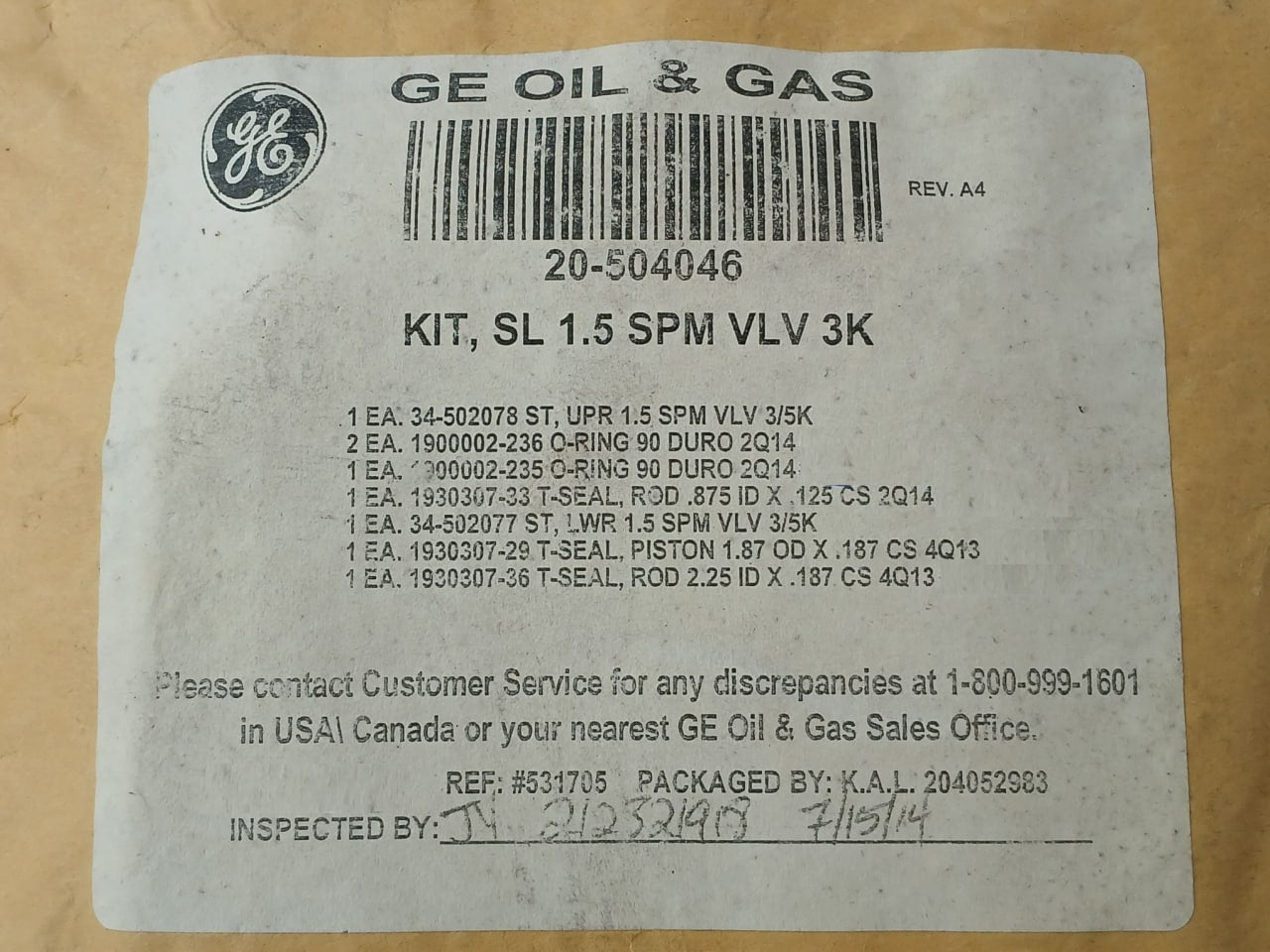 Hydril 20-504048 1.5" 3K Spm Nc Sl Valve Repair Kit 18 3/4 15M Mpl Ram Bop