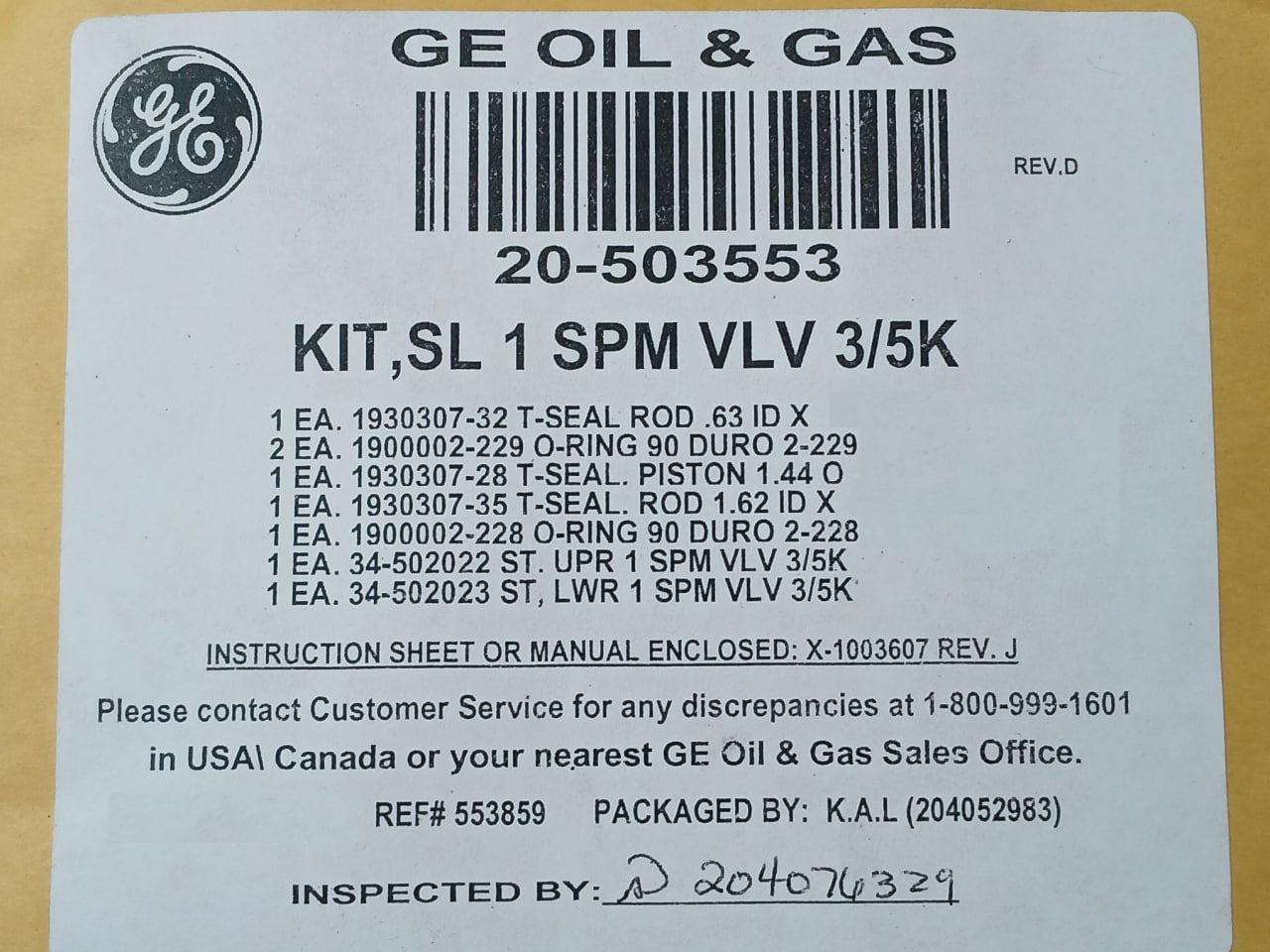 Ge 20-503978 Repair Kit 1" Spm Valve 3/5K E/H Normally Open Rev D 1930321-0602