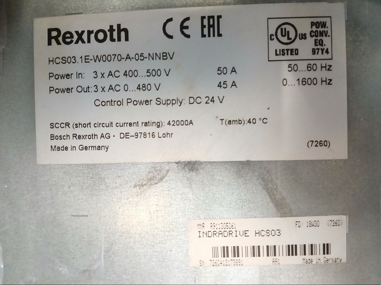 Rexroth Hcs03.1E-w0070-a-05-nnbv Single-axis Converter Ac 400-500V 50A 50-60 Hz