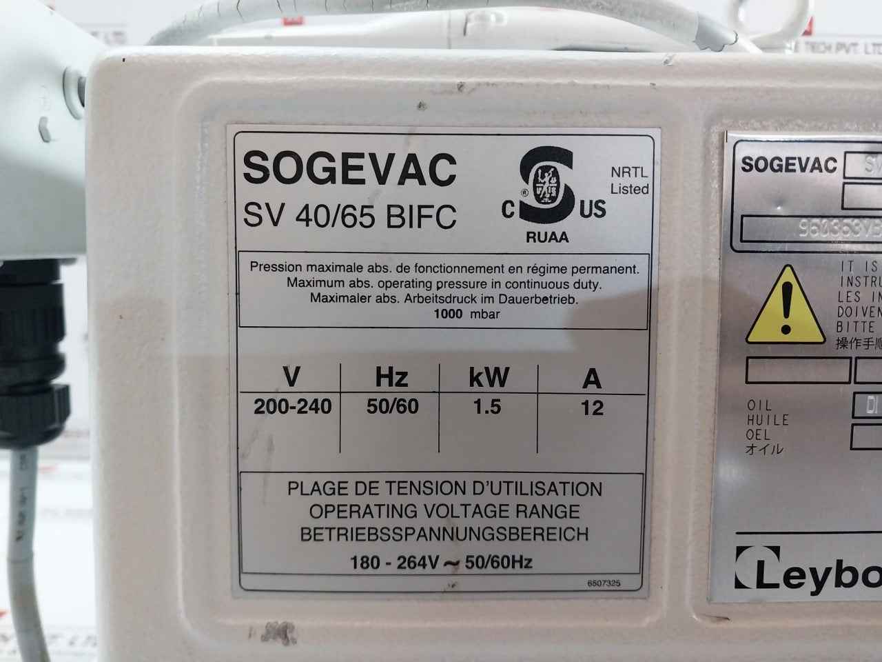 Leybold Sv 40 Bifc Sogevac Rotary Vane Vacuum Pump 1000 Mbar 180-264V V1.40