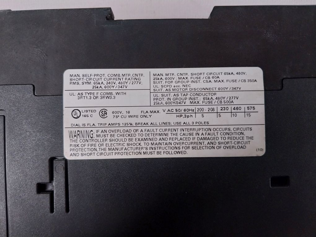 Siemens 3RV1031-4AA10 Circuit Breaker 11-16A 600V 50/60Hz